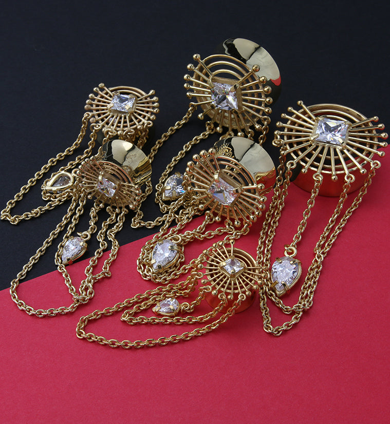 18kt Gold PVD Sunburst Tunnel Plugs With Chains