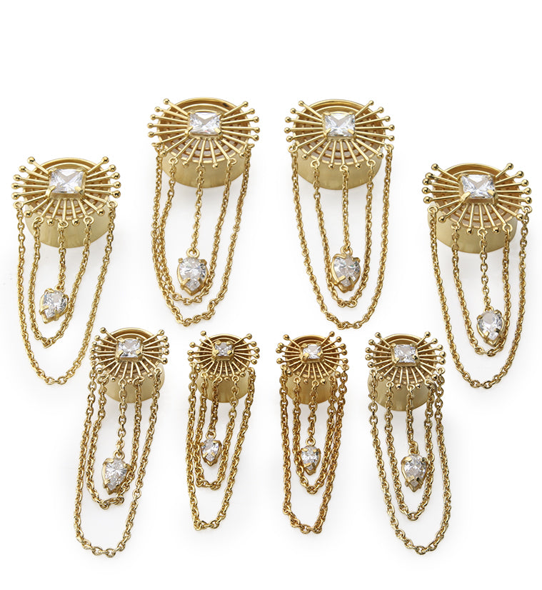 18kt Gold PVD Sunburst Tunnel Plugs With Chains