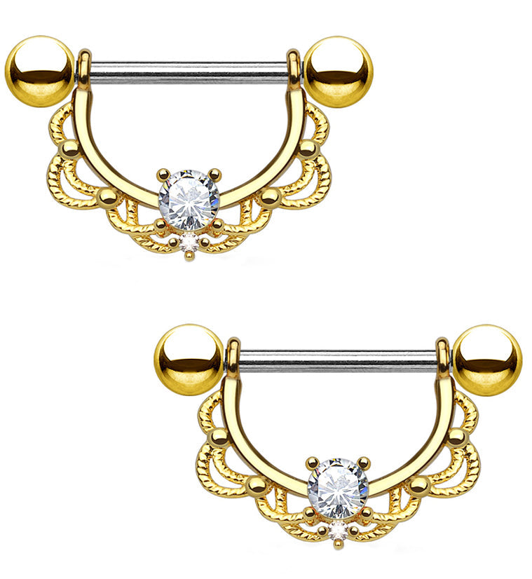14G Gold Brass Lacey CZ Gem Nipple Ring Barbells