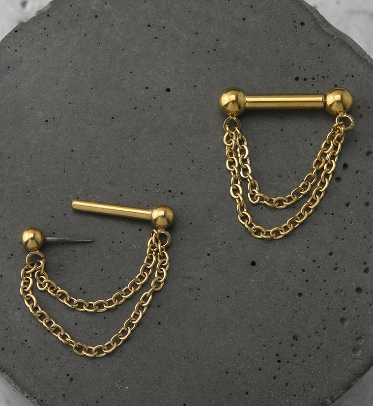24kt Gold PVD Double Dangle Chain Threadless Septum Bar