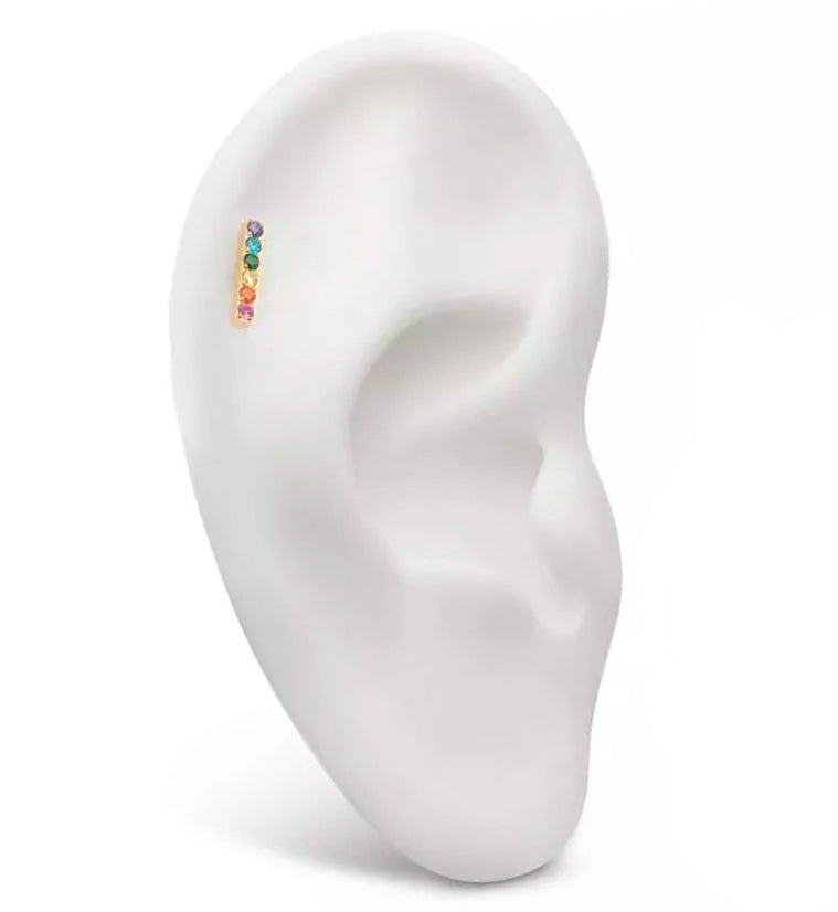 24kt Gold PVD Rainbow CZ Bar Internally Threaded Titanium Top