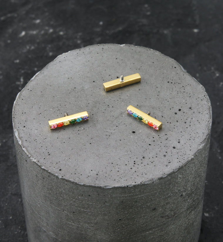 24kt Gold PVD Rainbow CZ Bar Internally Threaded Titanium Top