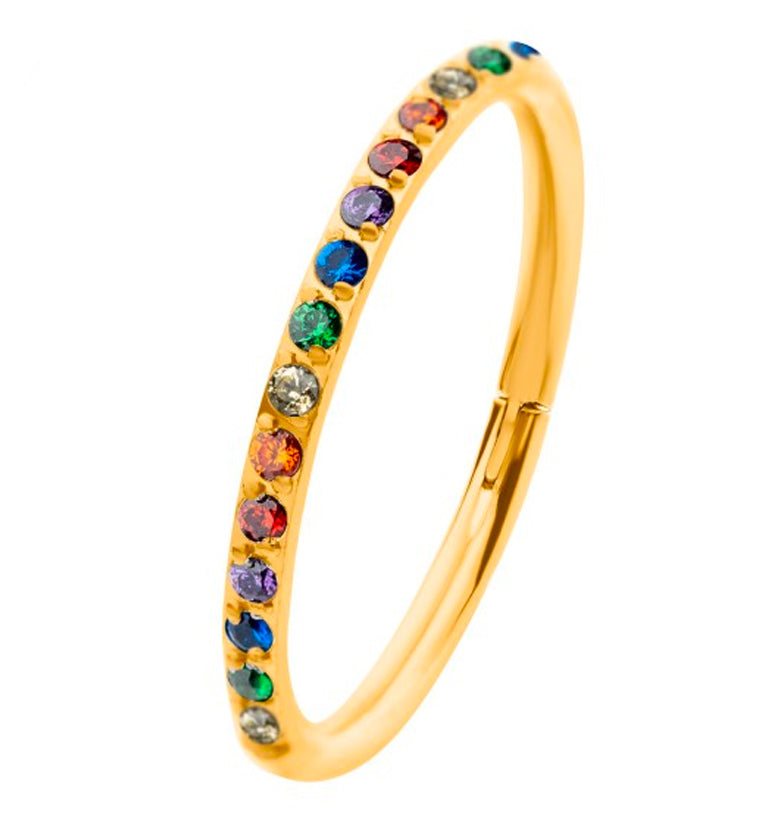 24kt Gold PVD Rainbow CZ Row Titanium Hinged Segment Ring