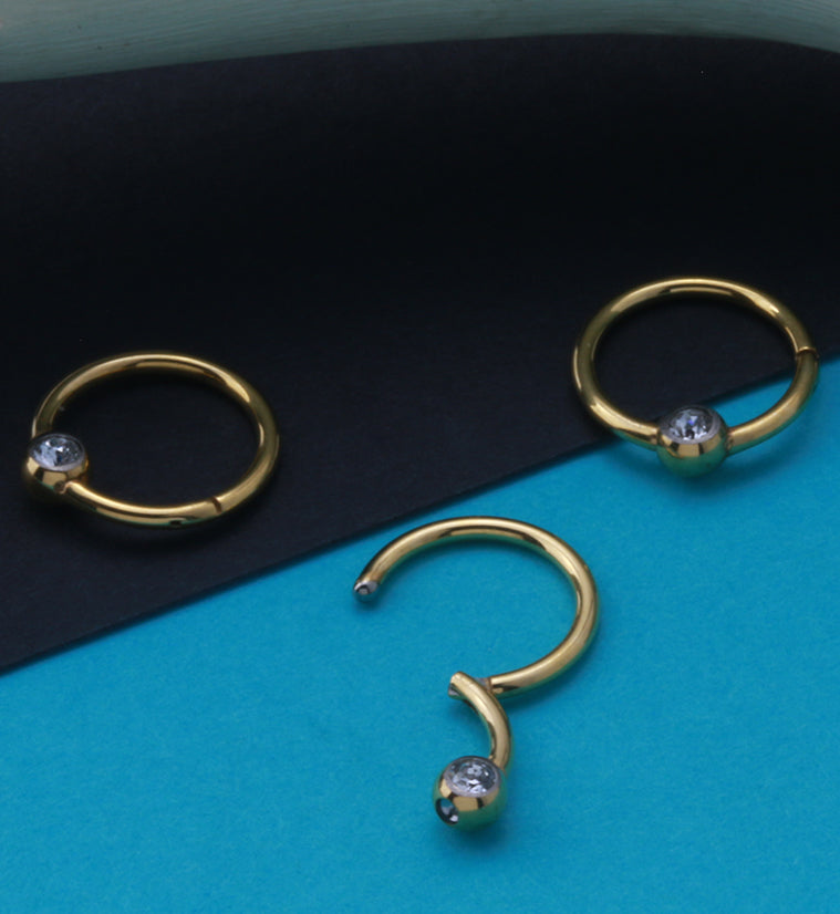 24kt PVD Gold Titanium Single CZ Hinged Segment Ring