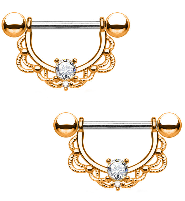 14G Rose Gold Brass Lacey CZ Gem Nipple Ring Barbells