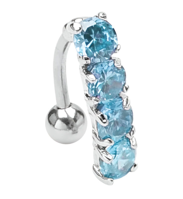 Stunning Four Aqua Gem Stone Steel Belly Button Ring