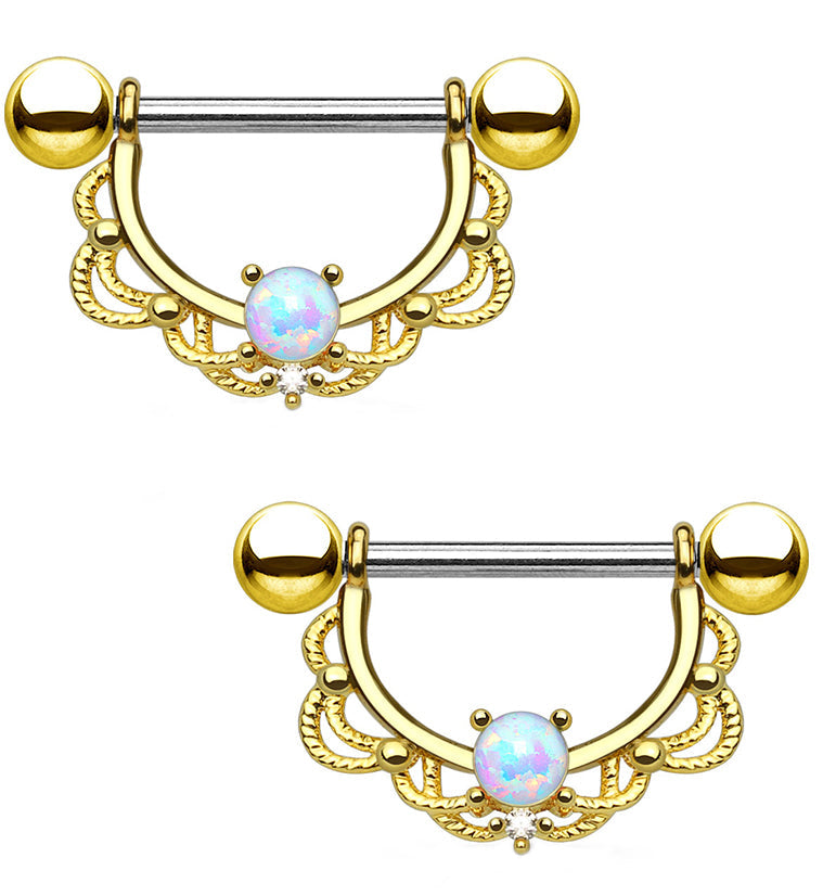 14G Gold Brass Lacey Opal Nipple Ring Barbells