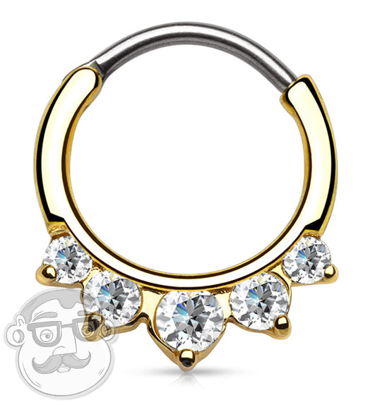 16G Five Clear CZ Gem Gold Round Septum Clicker