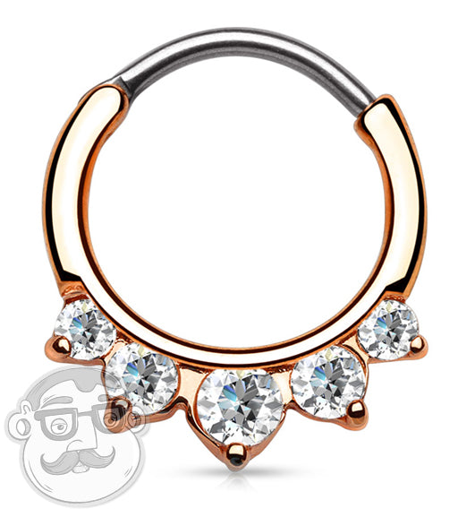 16G Five Clear CZ Gem Rose Gold Round Septum Clicker