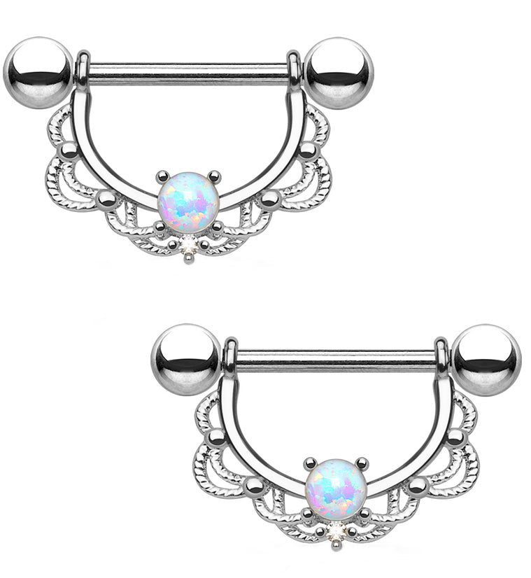 14G Silver Brass Lacey Opal Nipple Ring Barbells