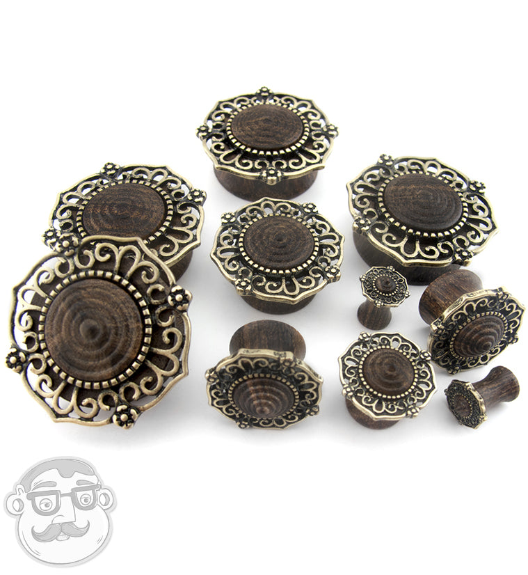 Brass Filigree Top Rose Wood Plugs
