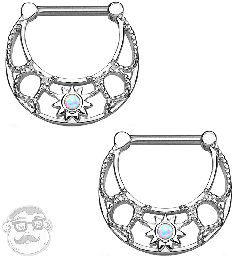 14G Silver Brass Sunburst Opal Nipple Clicker Rings