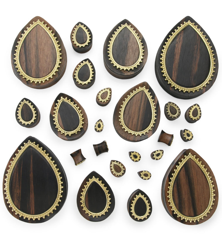Adorn Brass Inlay Areng Wood Teardrop Plugs