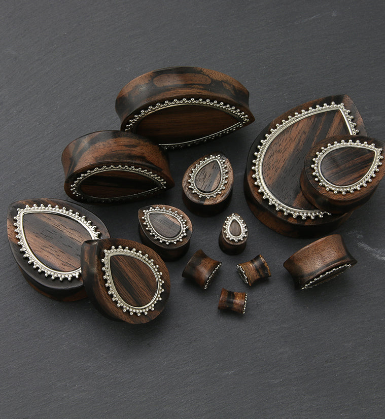 Adorn White Brass Inlay Areng Wood Teardrop Plugs