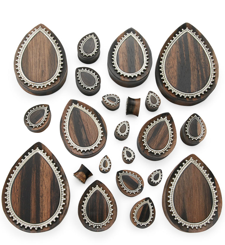 Adorn White Brass Inlay Areng Wood Teardrop Plugs