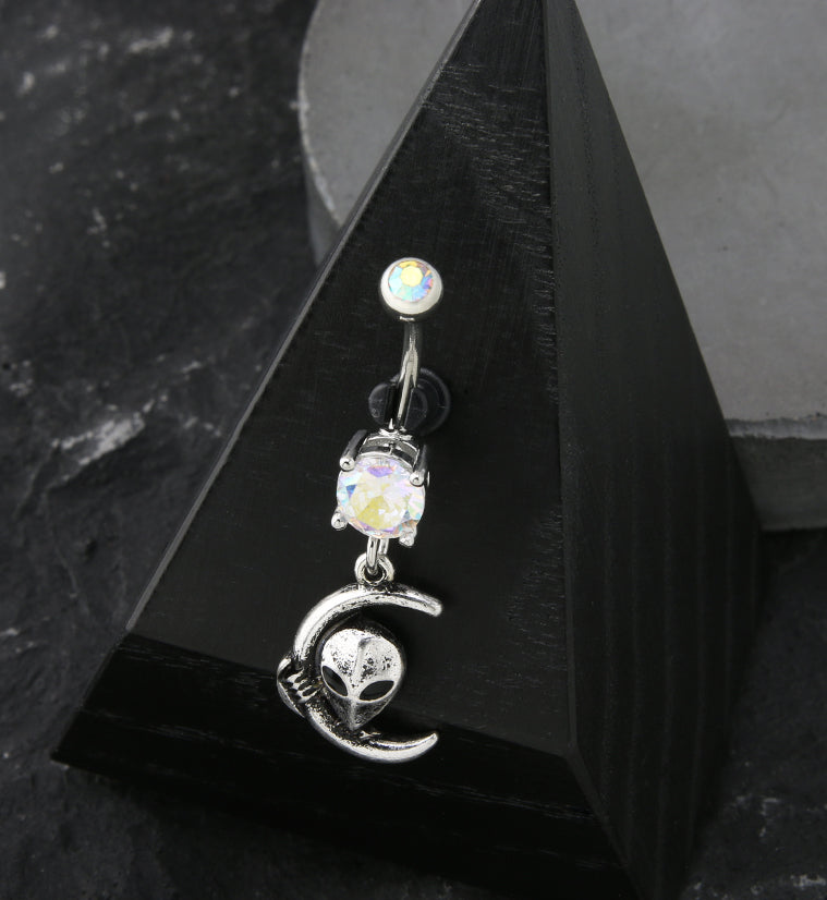 Alien Moon Rainbow Aurora CZ Dangle Stainless Steel Belly Button Ring