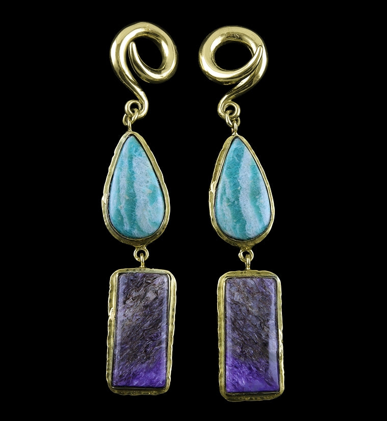 Charoite X Amazonite Stone Brass Ear Weights