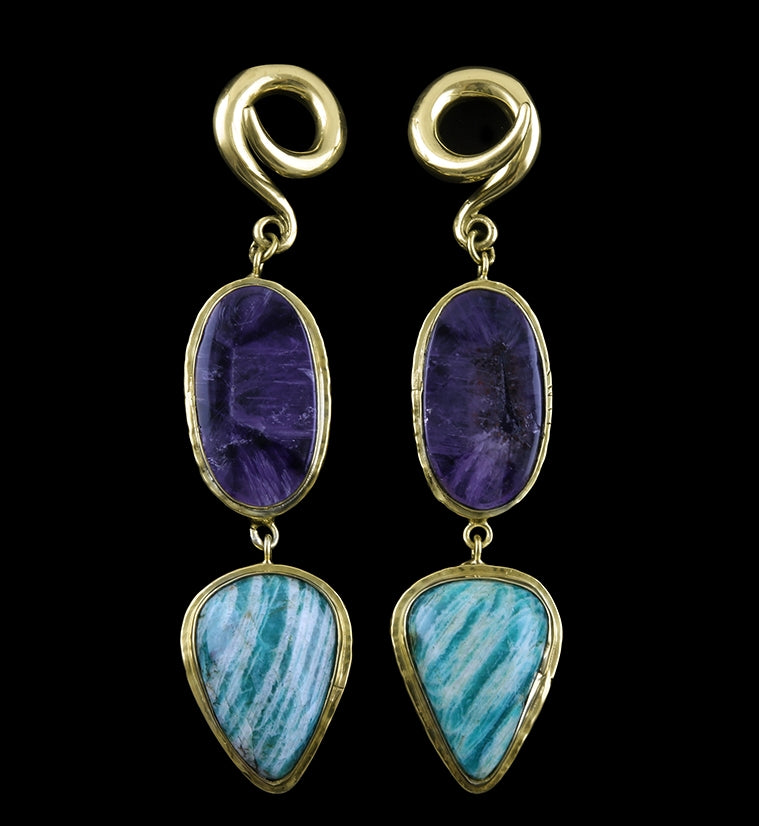 Charoite X Amazonite Stone Brass Ear Weights