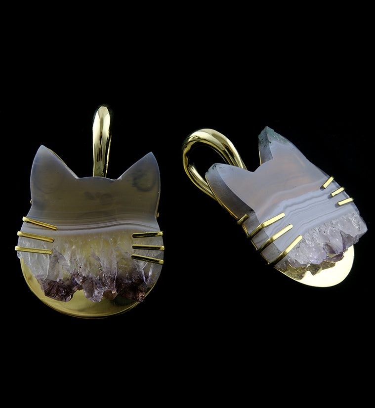 Kitty Cat Druzy Amethyst Brass Ear Weights