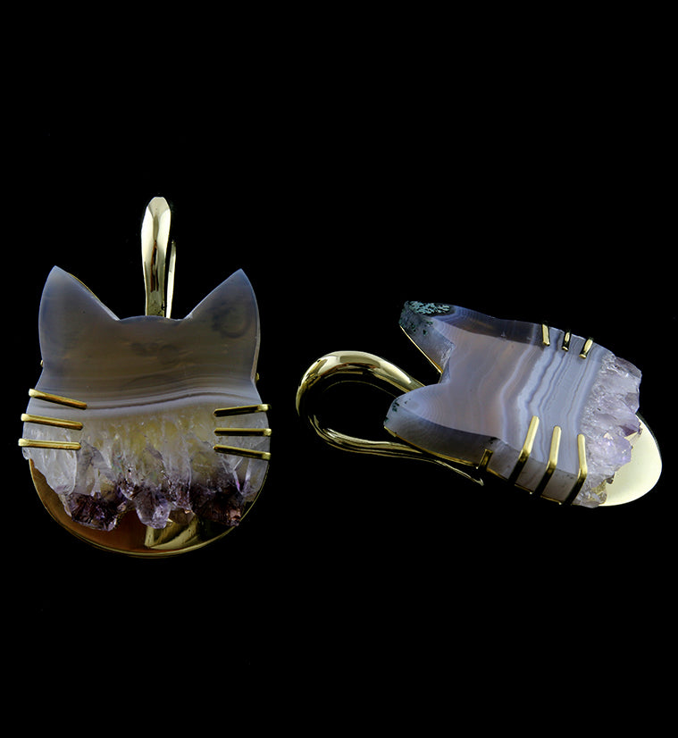 Kitty Cat Druzy Amethyst Brass Ear Weights