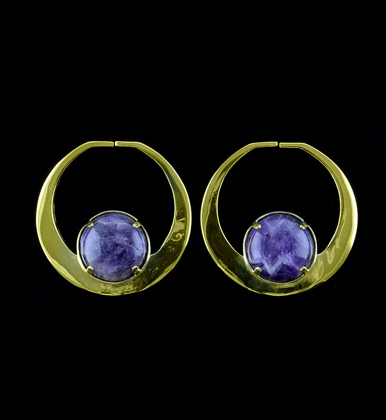 Amethyst & Brass Plug Hoops