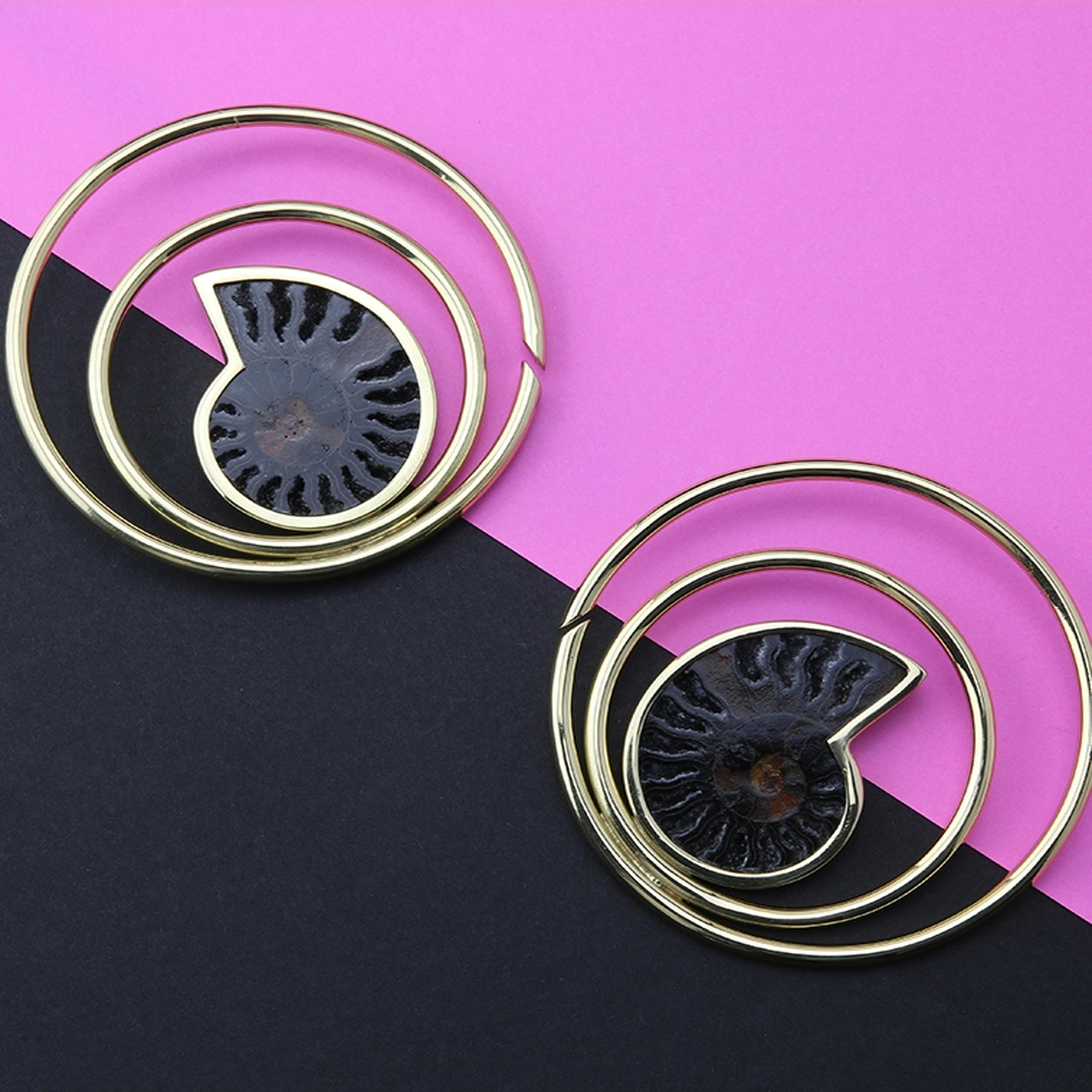 Black Ammonite Fossil Double Hoop Ear Weights