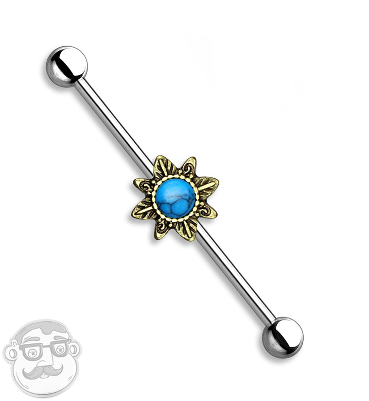 Antique Golden Tribal Star with Turquoise Inlay Industrial Barbell