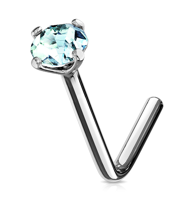 20G Aqua CZ 14kt White Gold L Shaped Nose Ring