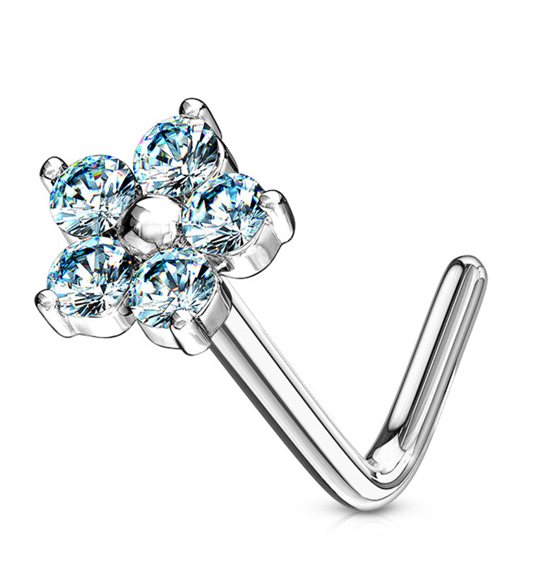 20G 14kt White Gold Aqua CZ Floral L Bend Nose Ring