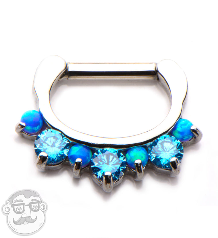 14G Blue Opalite & Aqua CZ Stainless Steel Septum Clicker (Small)