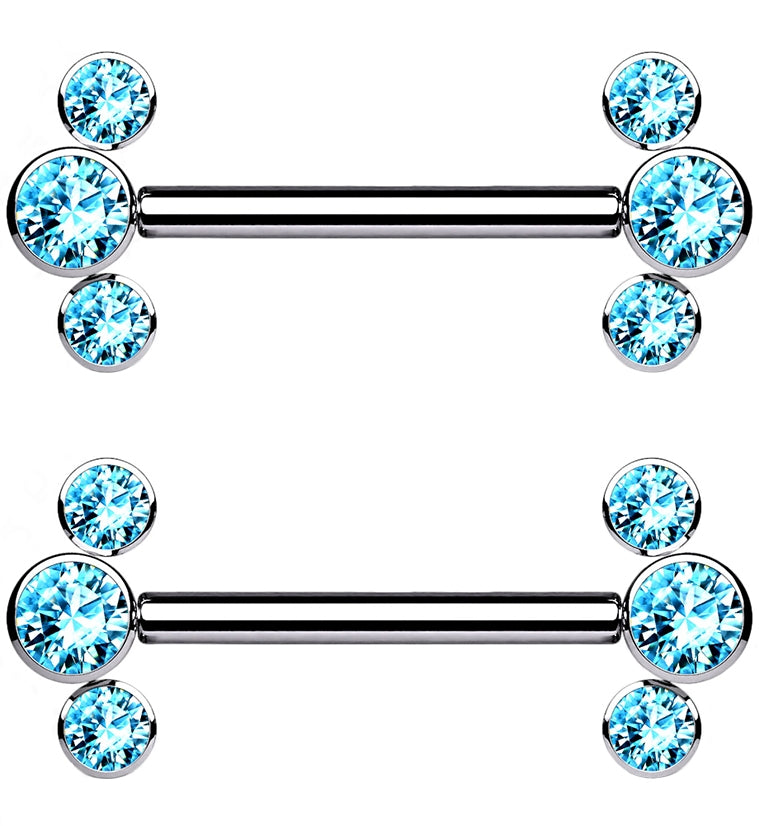 Aqua Cluster CZ Threadless Titanium Nipple Bars