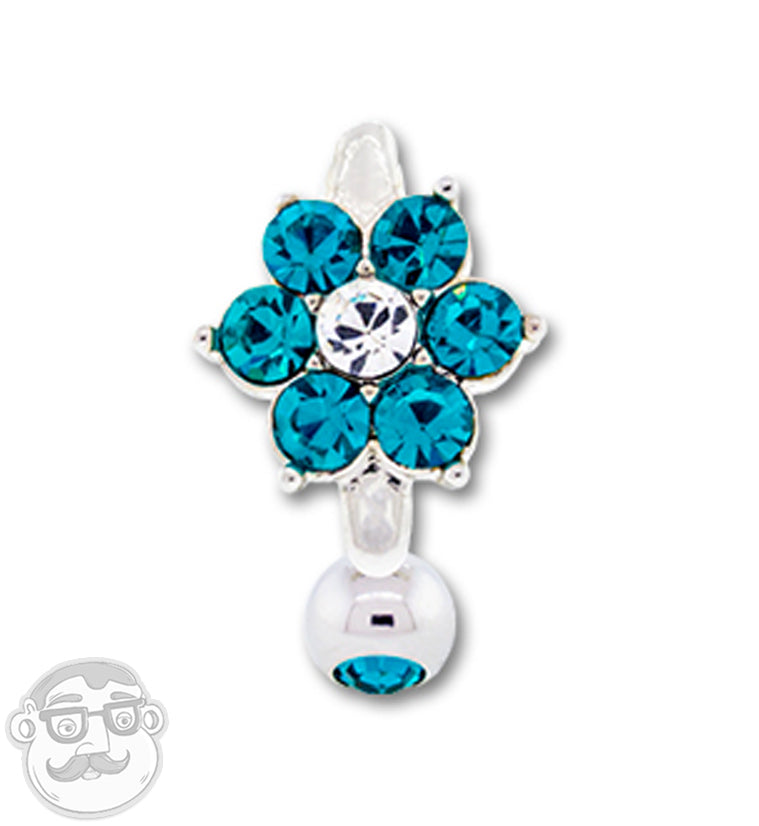 Aqua CZ Flower Belly Button Ring