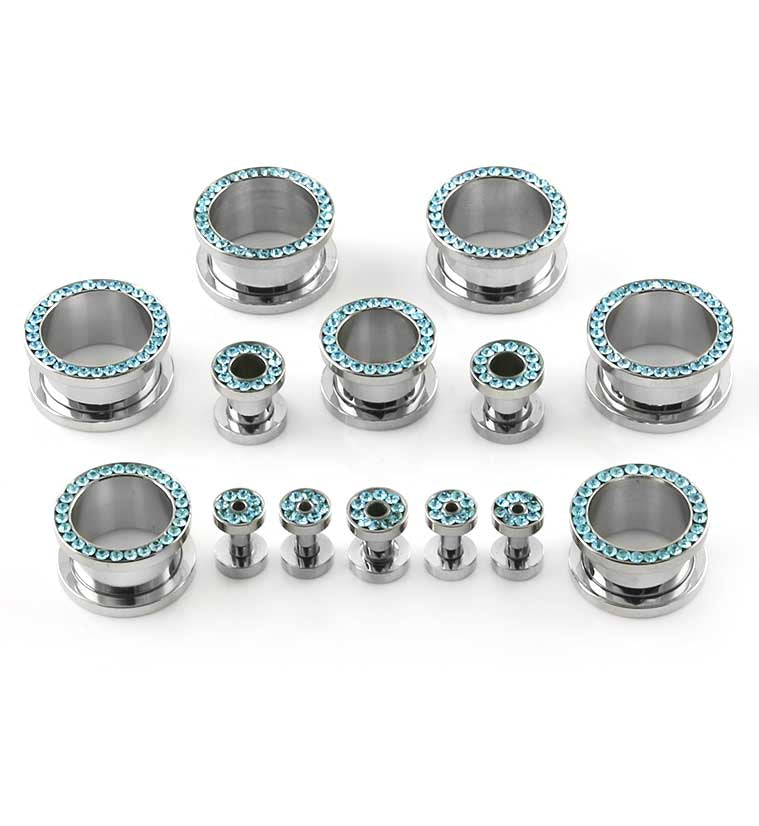 Aqua CZ Diamond Rim Tunnel Plugs