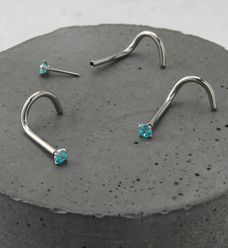 Aqua CZ Titanium Threadless Nose Screw Ring
