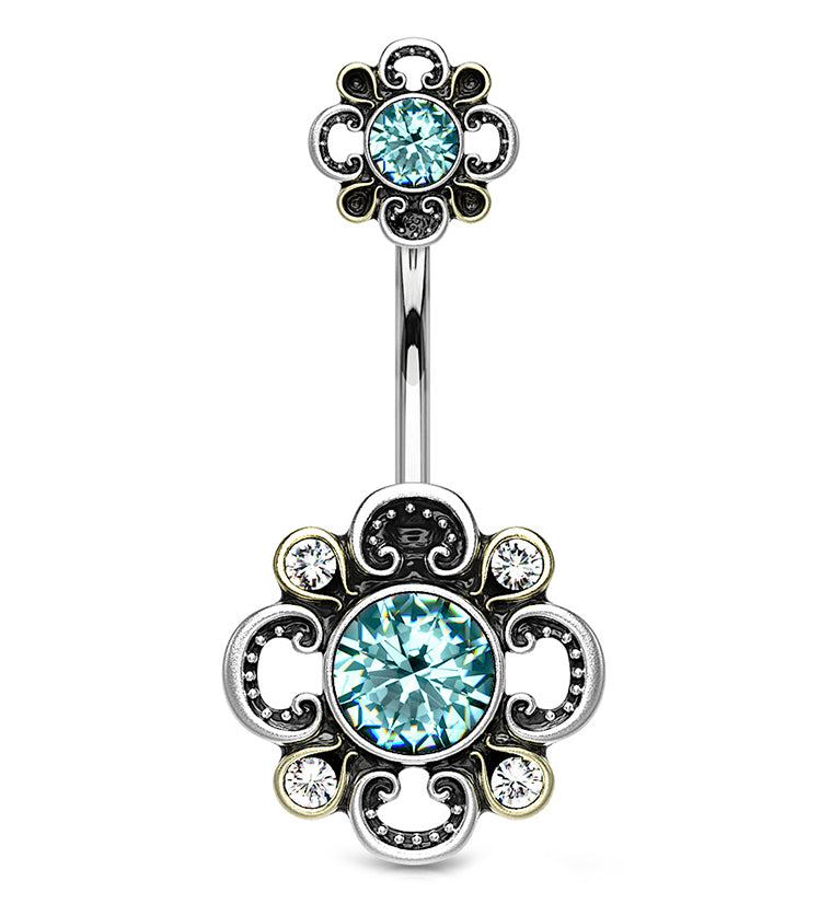 Aqua CZ Antique Flower Belly Button Ring