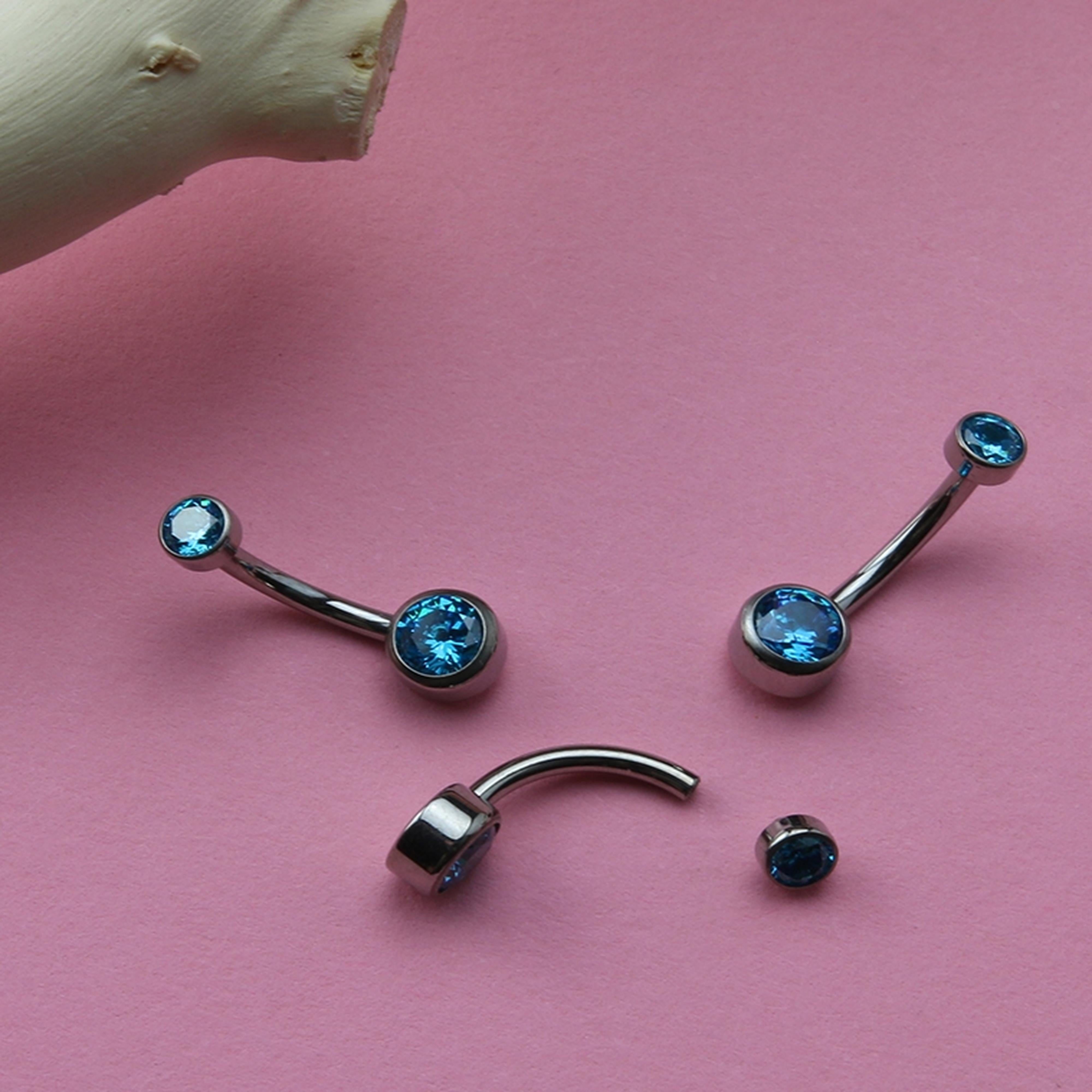 Aqua Double Flat Bezel CZ Titanium Belly Button Ring