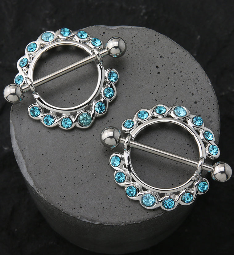 Aqua Nipple Ring CZ Diamond Gem Barbell Shield