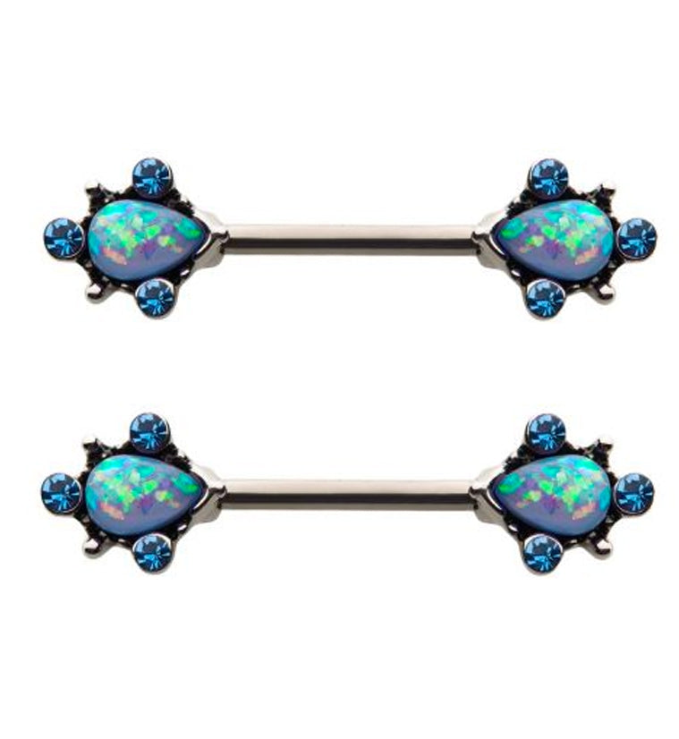 14G Aqua Opalite & CZ Filigree Nipple Rings Barbell