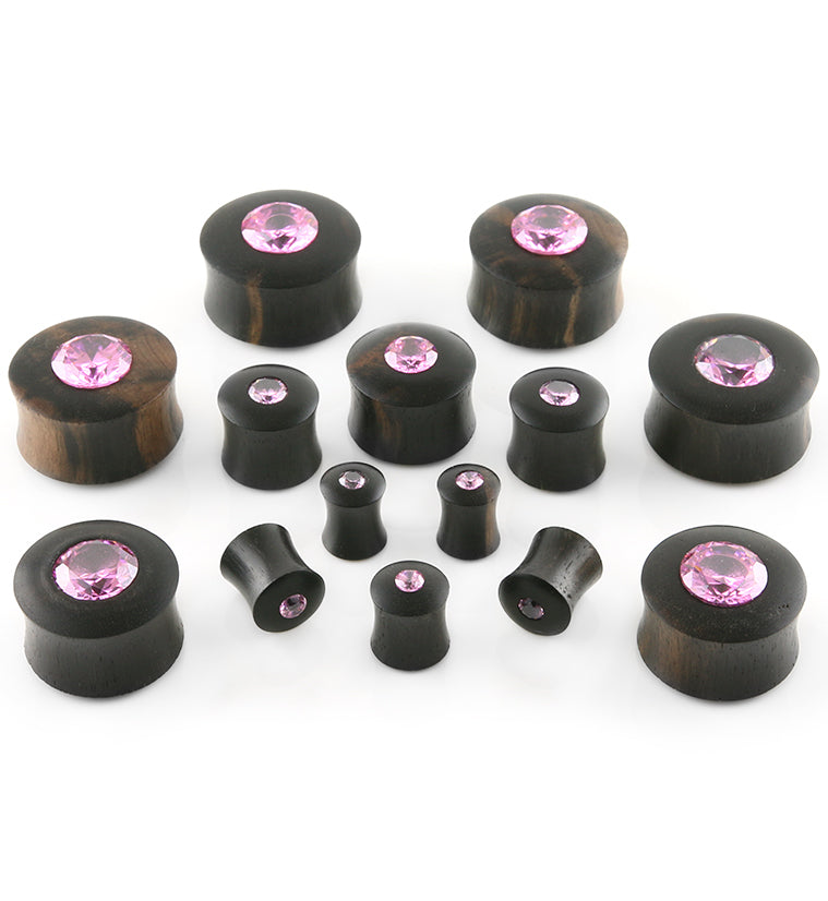 Areng Wood Plugs With Pink CZ Gem Inlay