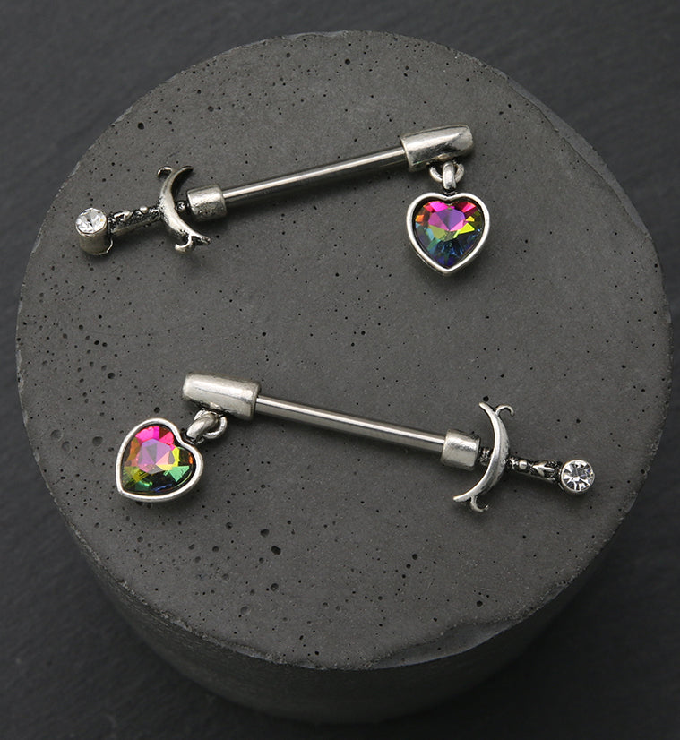 Arrow Dangle Black Aurora CZ Heart Stainless Steel Nipple Barbell