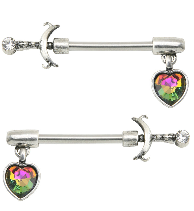 Arrow Dangle Black Aurora CZ Heart Stainless Steel Nipple Barbell