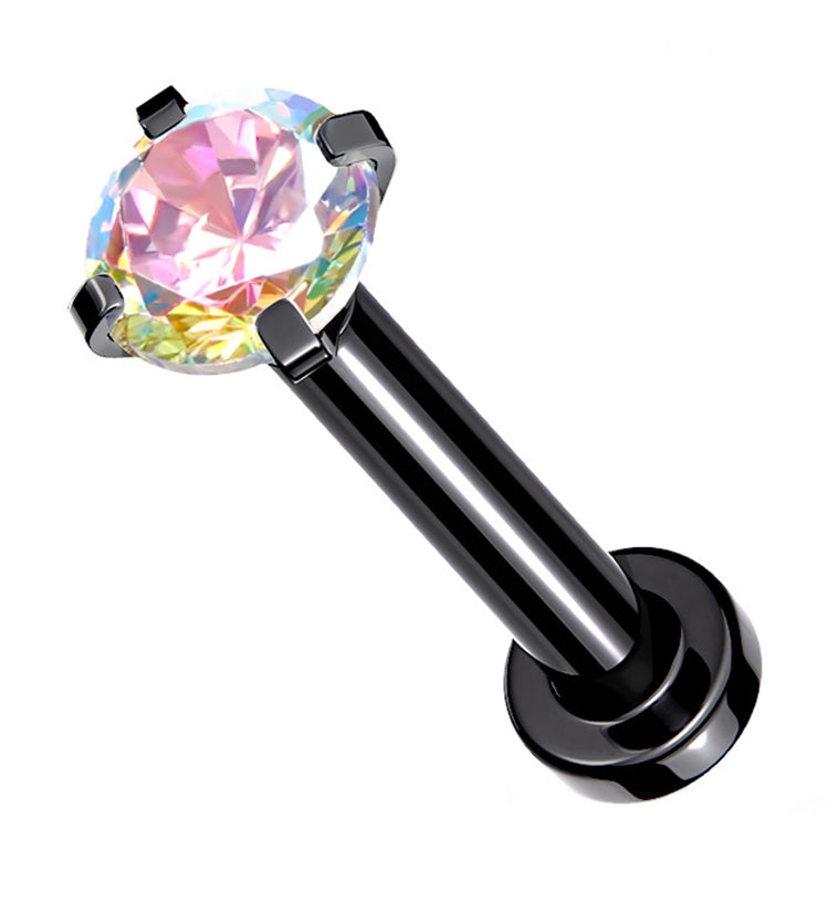 Black PVD Internally Threaded Rainbow Aurora CZ Prong Mini Disc Labret