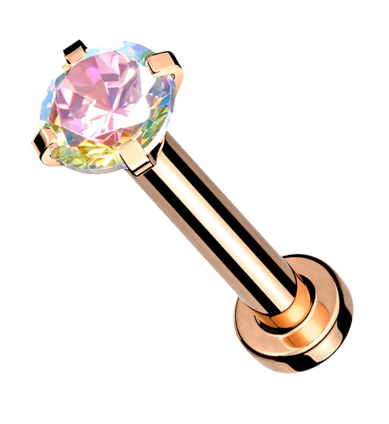 Rose Gold PVD Internally Threaded Rainbow Aurora CZ Prong Mini Disc Labret