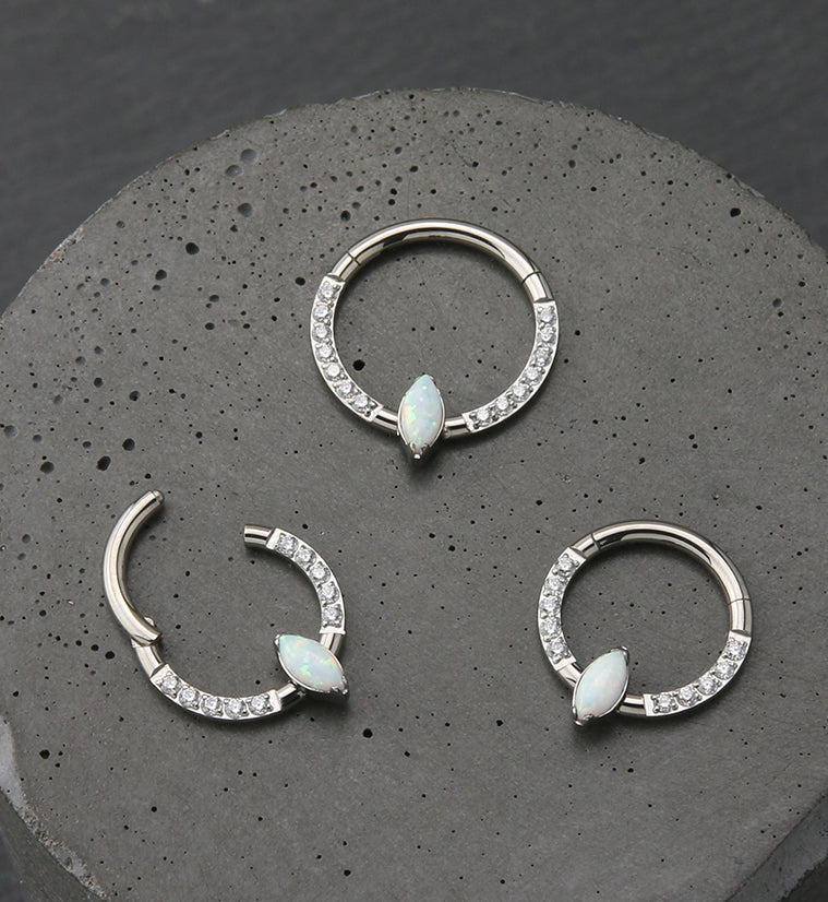 Bauble White Opalite Clear CZ Titanium Hinged Segment Ring