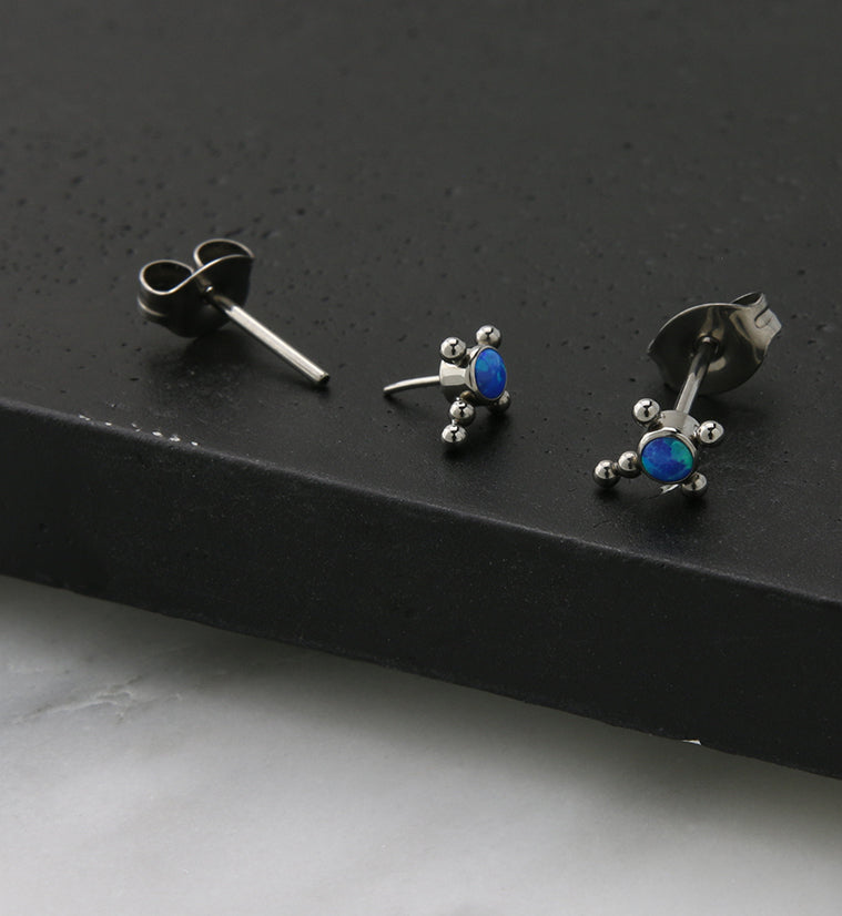 Beaded Cross Blue Opalite Titanium Threadless Earrings