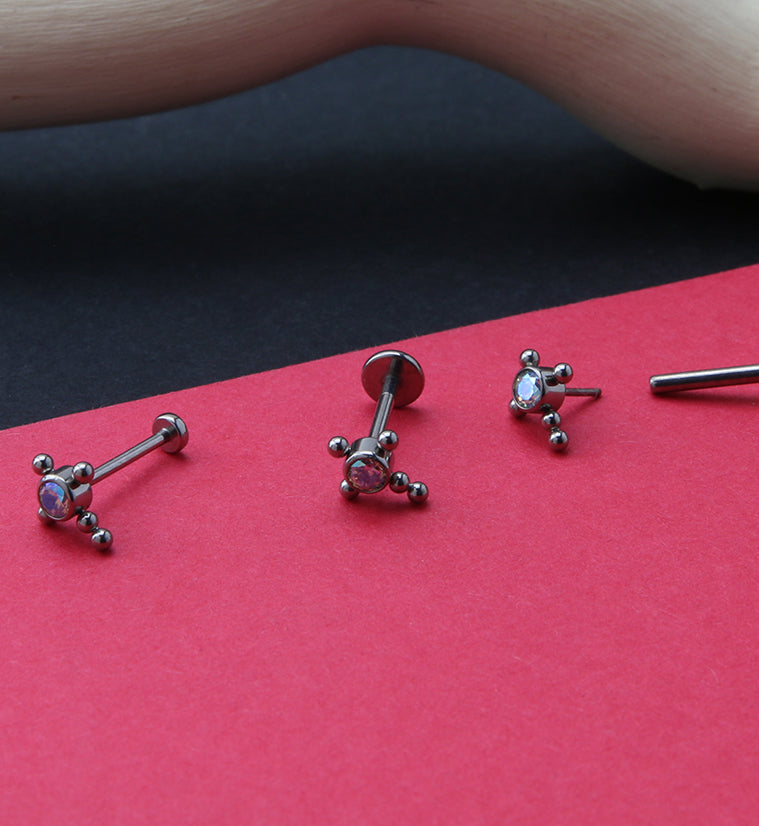 Beaded Cross Rainbow Aurora CZ Titanium Threadless Cartilage Barbell
