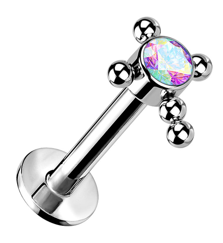 Beaded Cross Rainbow Aurora CZ Titanium Threadless Cartilage Barbell