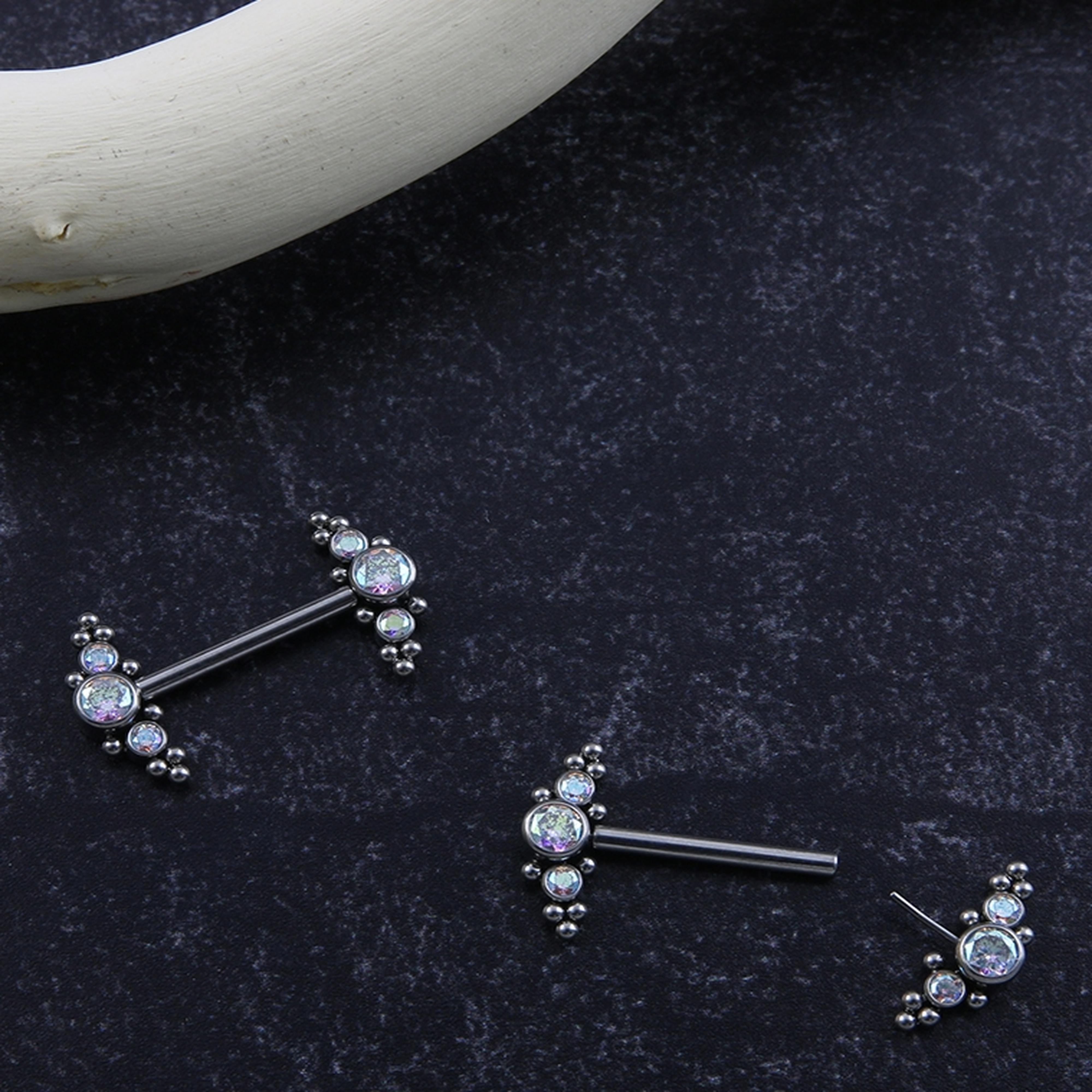 14G Beaded Rainbow Aurora CZ Titanium Threadless Nipple Ring Barbells