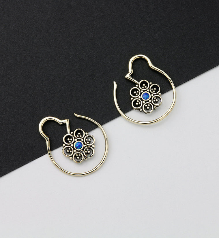 Beaded Floret Blue Opalite White Brass Ear Weights