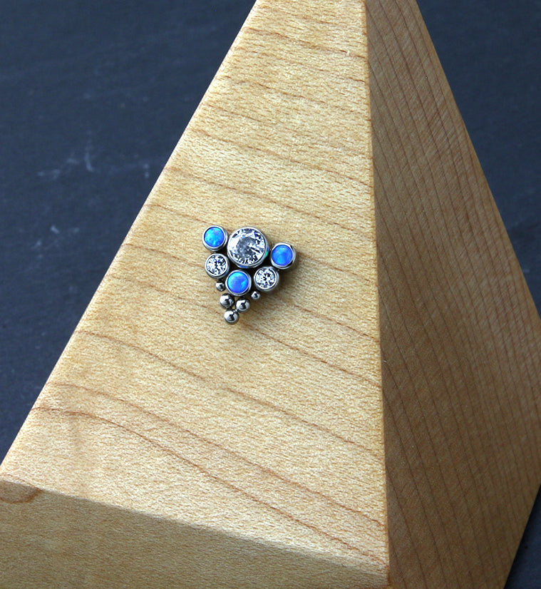 Beaded Hexad Blue Opalite and Clear CZ Threadless Titanium Top